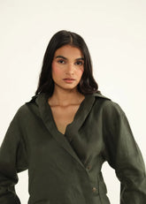 A Model Wearing Green Linen Dark Green Linen Shirt , curated by Only Ethikal